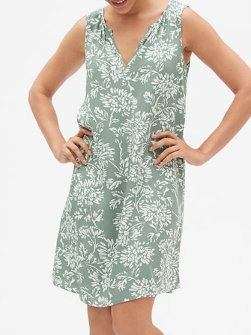 GAP Print Split Neck Shift Dress Sage Green White Floral Sleeveless Mini Rayon S